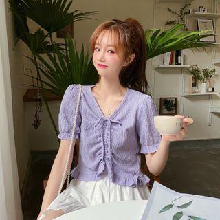 Ruffled Drawstring Short-sleeve Cropped Blouse