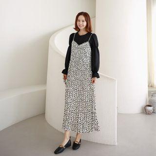 Pleated Leopard Long Spaghetti Strap Dress
