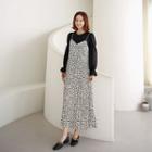 Pleated Leopard Long Spaghetti Strap Dress