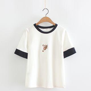 Flower Embroidered Color Panel Short Sleeve T-shirt