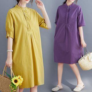 Elbow-sleeve Buttoned Linen Shift Dress