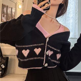 Heart Cardigan / Plain Cold-shoulder Knit Top