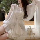 Puff-sleeve Mesh Tiered Dress