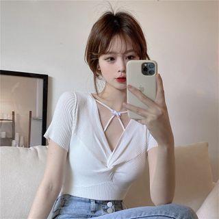 Bow-accent Strappy Padded Camisole / Short-sleeve Twist-front Knit Top