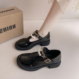 Faux Pearl Chain Block Heel T-bar Pumps