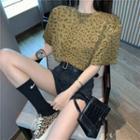 Elbow-sleeve Leopard Print Cropped T-shirt As Shown In Figure - One Size