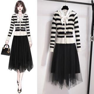 Striped Cardigan / Midi Skirt / Blouse / Set