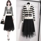 Striped Cardigan / Midi Skirt / Blouse / Set
