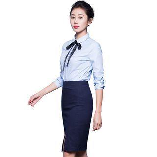 Set: Long-sleeve Blouse + Slit-front Pencil-cut Skirt