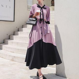 Puff-sleeve Contrast Trim Bow Detail Midi Smock Dress
