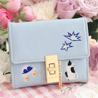 Embroidered Cat Faux-leather Short Wallet