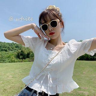 Lace Up Square-neck Short-sleeve Blouse