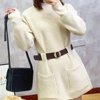 Long-sleeve Round-neck Plain Panel Belt Knit Midi Skirt