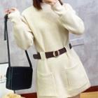 Long-sleeve Round-neck Plain Panel Belt Knit Midi Skirt
