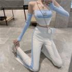 Butterfly Rhinestone Two-tone Panel Crop Top With Oversleeves / High Waist Boot-cut Striped Pants