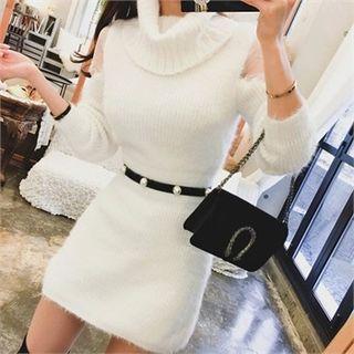Cowl-neck Mesh-shoulder Sweater Dress