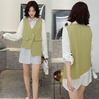Set: Long-sleeve Shirt Dress + Buttoned Vest