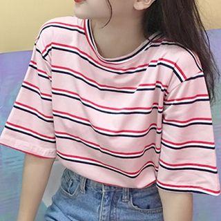 Color-block Striped Crewneck Elbow-sleeve Top