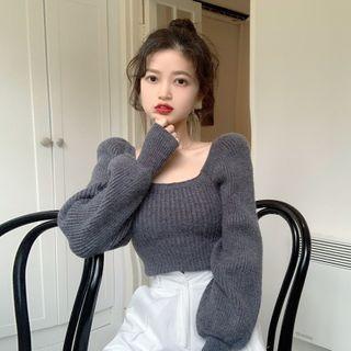 Square-neck Puff-sleeve Knit Cropped Top