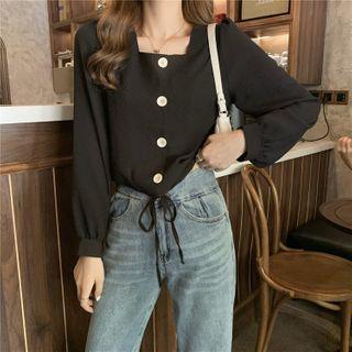 Square-neck Drawstring Long-sleeve Crop Top