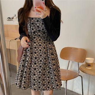 Long-sleeve Velvet A-line Dress Flowers - Light Gray & Black - One Size