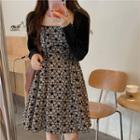 Long-sleeve Velvet A-line Dress Flowers - Light Gray & Black - One Size