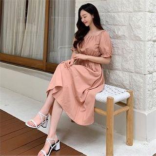 Puff-sleeve Pintuck-detail Dress With Belt