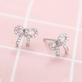 925 Sterling Silver Rhinestone Bow Earring 1 Pair - Earrings - One Size