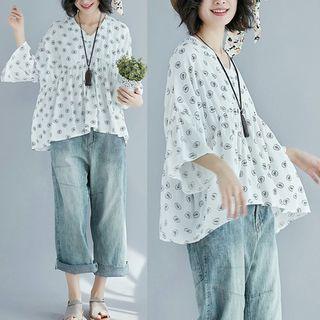 Print V-neck Elbow-sleeve Top