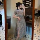 Short-sleeve Leopard Slit Dress