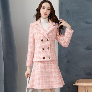 Set: Plaid Double-breasted Jacket + A-line Skirt