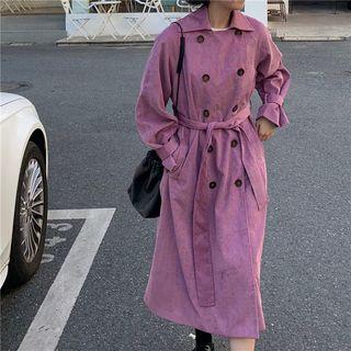 Corduroy Double-breasted Sashed Jacket As Shown In Figure - One Size