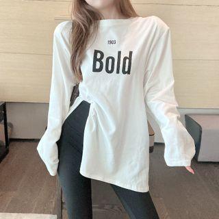Long-sleeve Lettering Print Slit-hem T-shirt