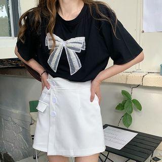 Set : Bow Print Top + High-waist Skirt