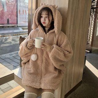 Ear Hooded Fleece Zip Jacket Khaki - One Size