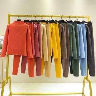 Set: Mock-neck Long-sleeve Fleeced Top + Pants