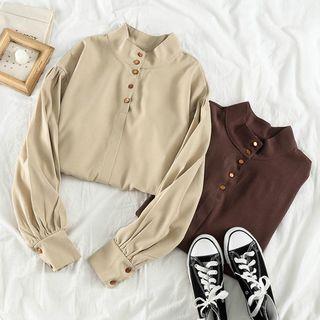 Plain Mock-neck Long-sleeve Blouse