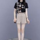 Set : Short-sleeve Printed Shirt + High-waist Crinkled Shorts