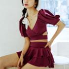Set: Puff Sleeve V-neck Wrap Swim Top + Tiered Swim Skirt