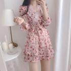 3/4-sleeve Lace Trim Floral A-line Mini Dress