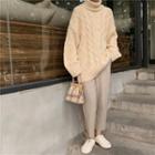 Long-sleeve Plain High-neck Cable Knit Sweater