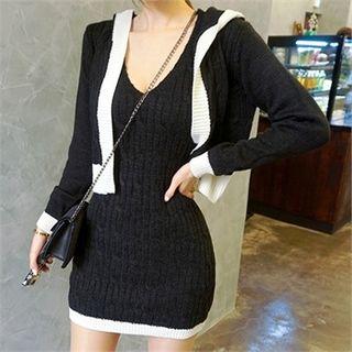 Set: Contrast-trim Knit Hoodie + Sleeveless Cable-knit Bodycon Dress
