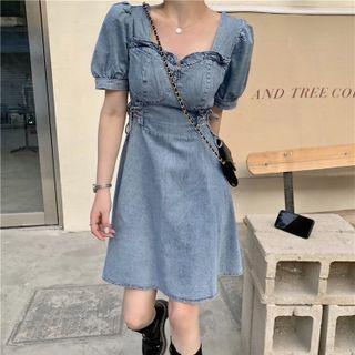 Puff-sleeve Frill Trim Mini A-line Denim Dress
