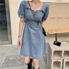 Puff-sleeve Frill Trim Mini A-line Denim Dress