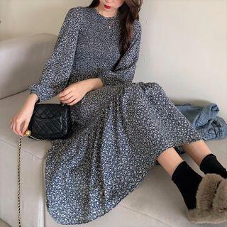 Denim Vest / Long-sleeve Floral Midi Dress