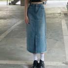 High Waist Midi Washed Slit Denim Skirt