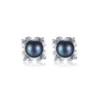 Sterling Silver Elegant And Bright Flowers Black Freshwater Pearl Earrings With Cubic Zirconia Silver - One Size