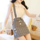 Long-sleeve Ribbon Chiffon Shirt / Floral Plaid Mini Suspender Skirt / Set