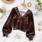Puff-sleeve Lace Trim Velvet Top