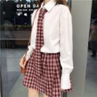 Plain Shirt With Necktie / Plaid Mini A-line Skirt